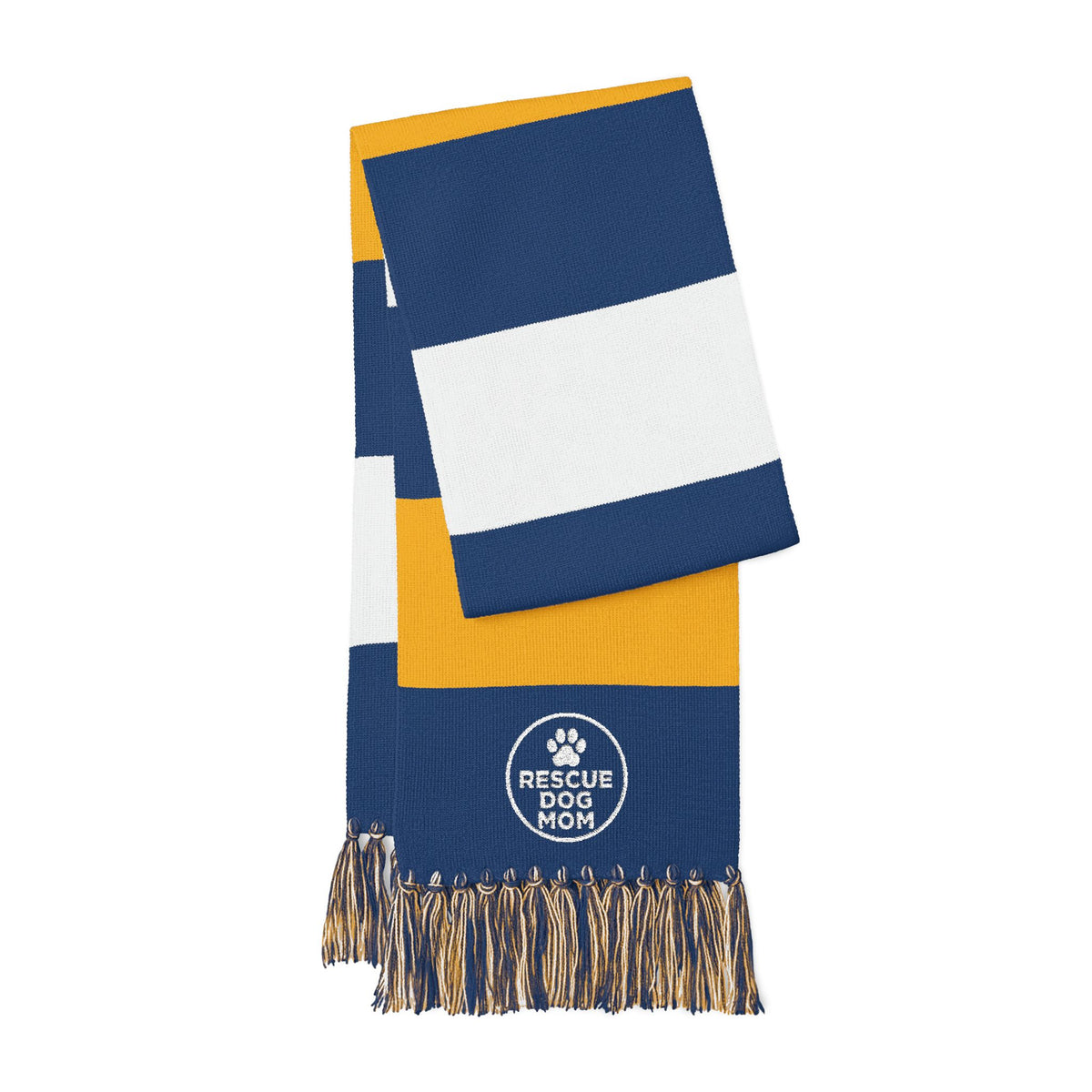 Rescue Dog Mom Embroidered Scarf – Navy, White & Gold