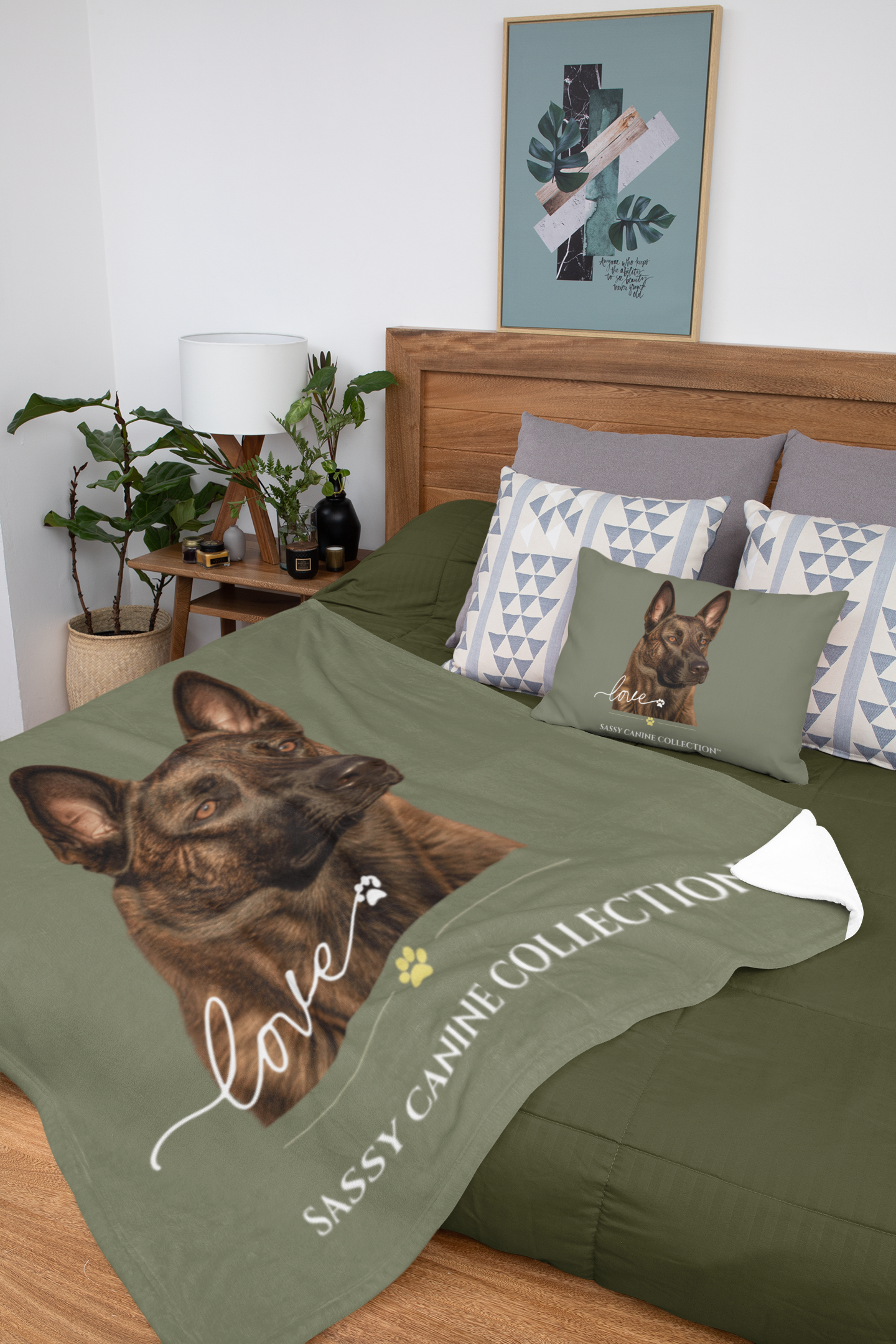 An olive green 50x60 velveteen throw blanket with a large Dutch Shepherd and the text 'love Sassy Canine Collection.