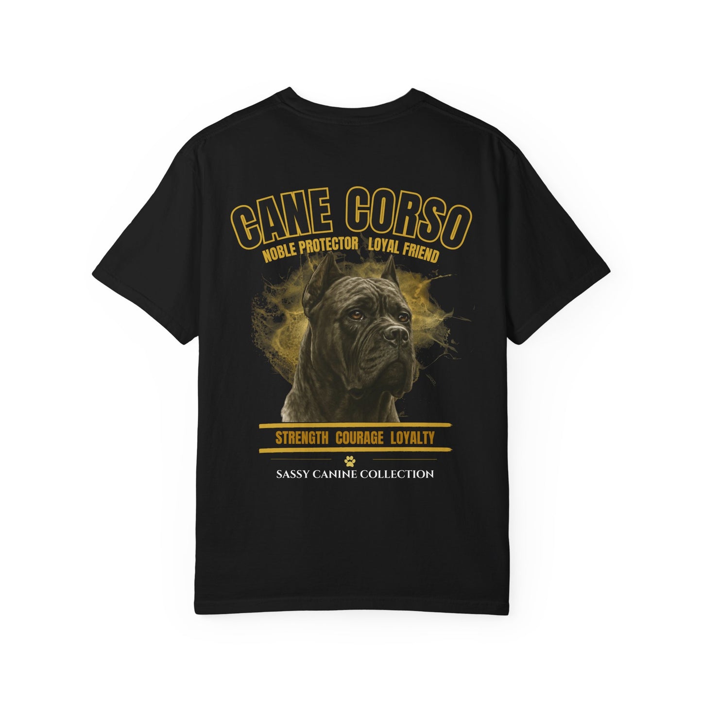 A black short-sleeve t-shirt with a graphic print of a Cane Corso dog and text reading 'GANE CORSO' and 'SASSY CANINE COLLECTION' on a white background.
