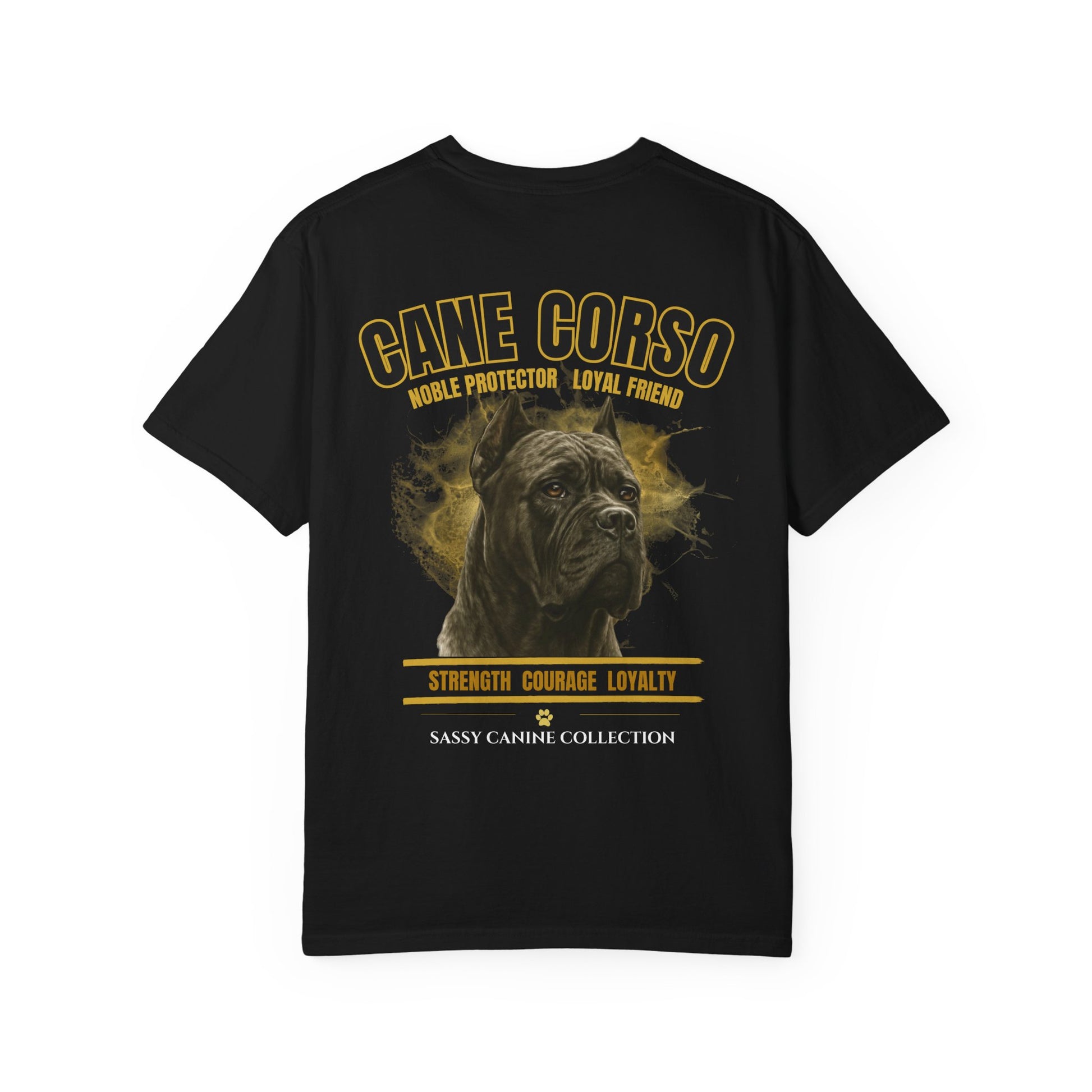 A black short-sleeve t-shirt with a graphic print of a Cane Corso dog and text reading 'GANE CORSO' and 'SASSY CANINE COLLECTION' on a white background.