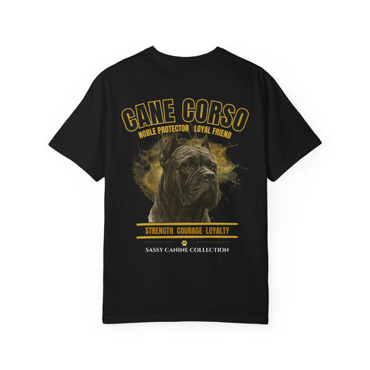 A black short-sleeve t-shirt with a graphic print of a Cane Corso dog and text reading 'GANE CORSO' and 'SASSY CANINE COLLECTION' on a white background.