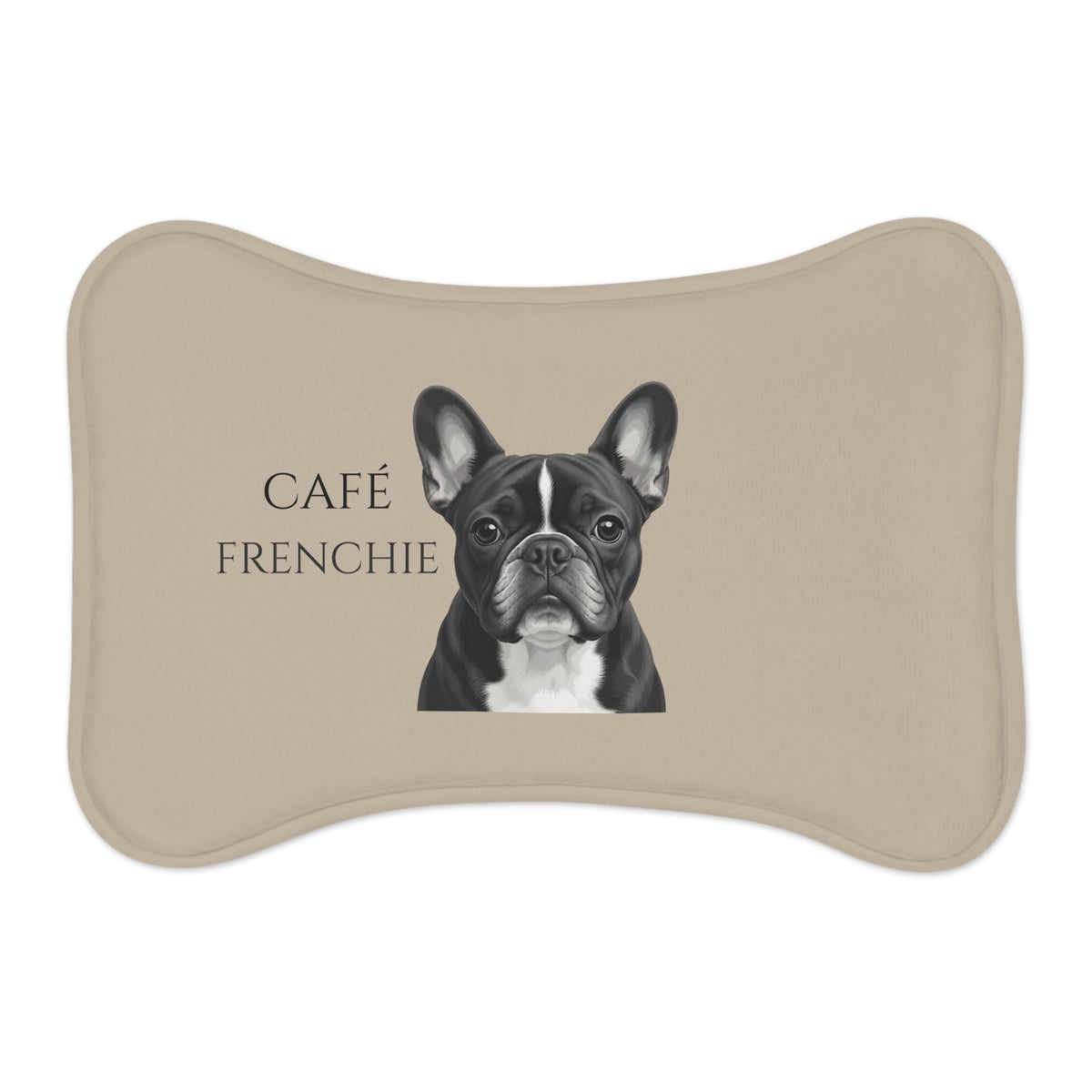 A bone-shaped beige pet feeding mat featuring a French Bulldog  and the text 'CAFÉ FRENCHIE'