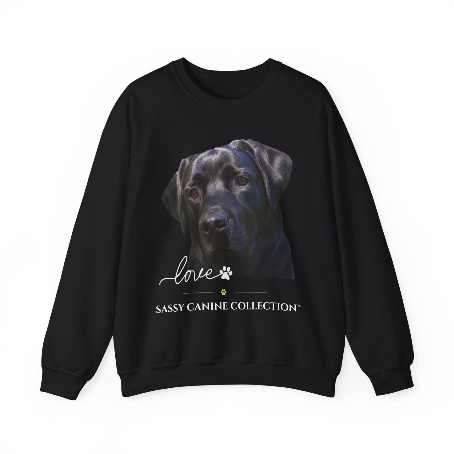 A black crewneck sweatshirt featuring a graphic print of a black Labrador Retriever's face, with the text 'Love' in script, a paw print, and 'SASSY CANINE COLLECTION' printed below.