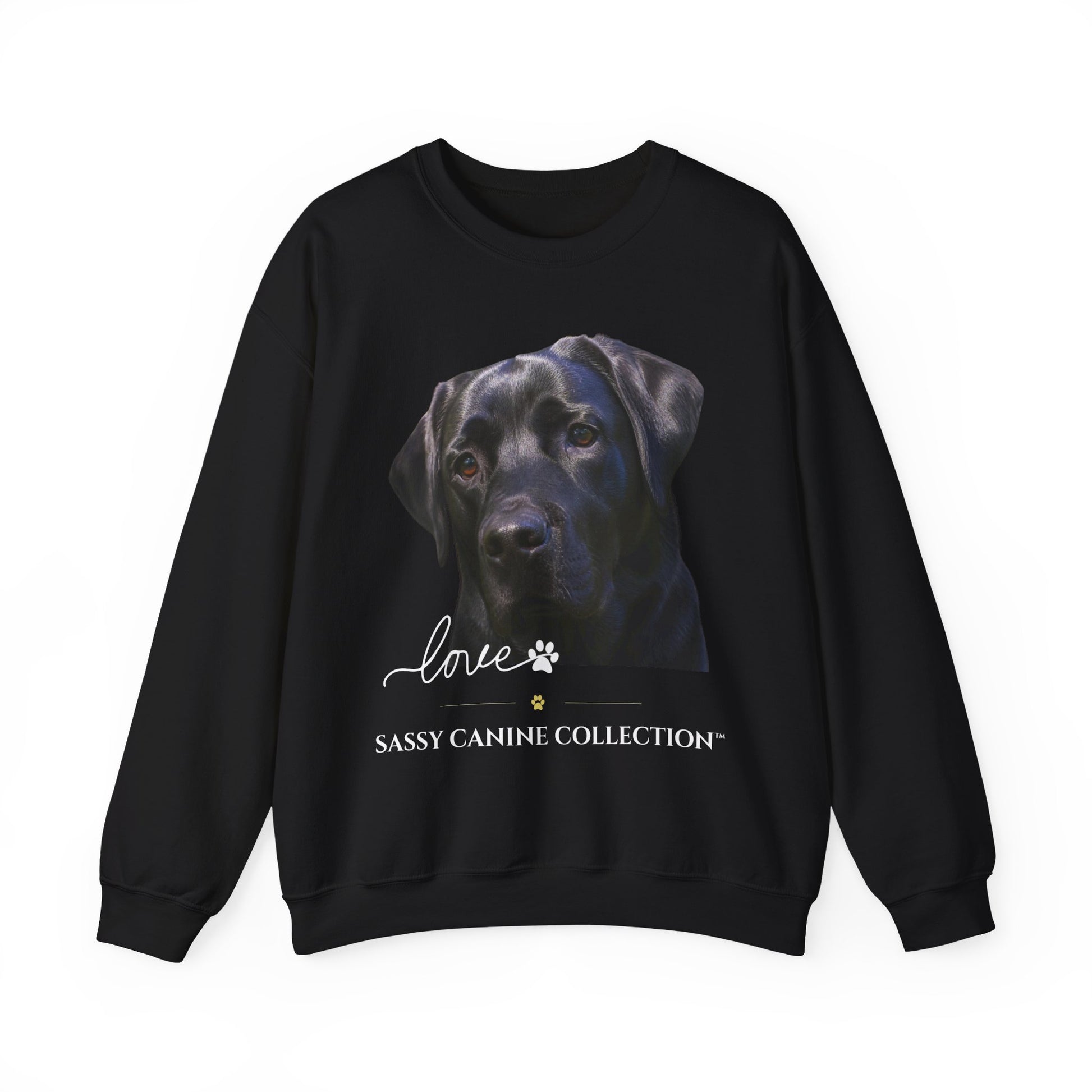 A black crewneck sweatshirt featuring a graphic print of a black Labrador Retriever's face, with the text 'Love' in script, a paw print, and 'SASSY CANINE COLLECTION' printed below.