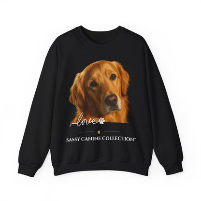 A black crewneck sweatshirt featuring a large graphic print of a golden retriever dog's face, with the text 'Love' in white script, a paw print, and 'SASSY CANINE COLLECTION' printed below.