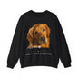 A black crewneck sweatshirt featuring a large graphic print of a golden retriever dog's face, with the text 'Love' in white script, a paw print, and 'SASSY CANINE COLLECTION' printed below.