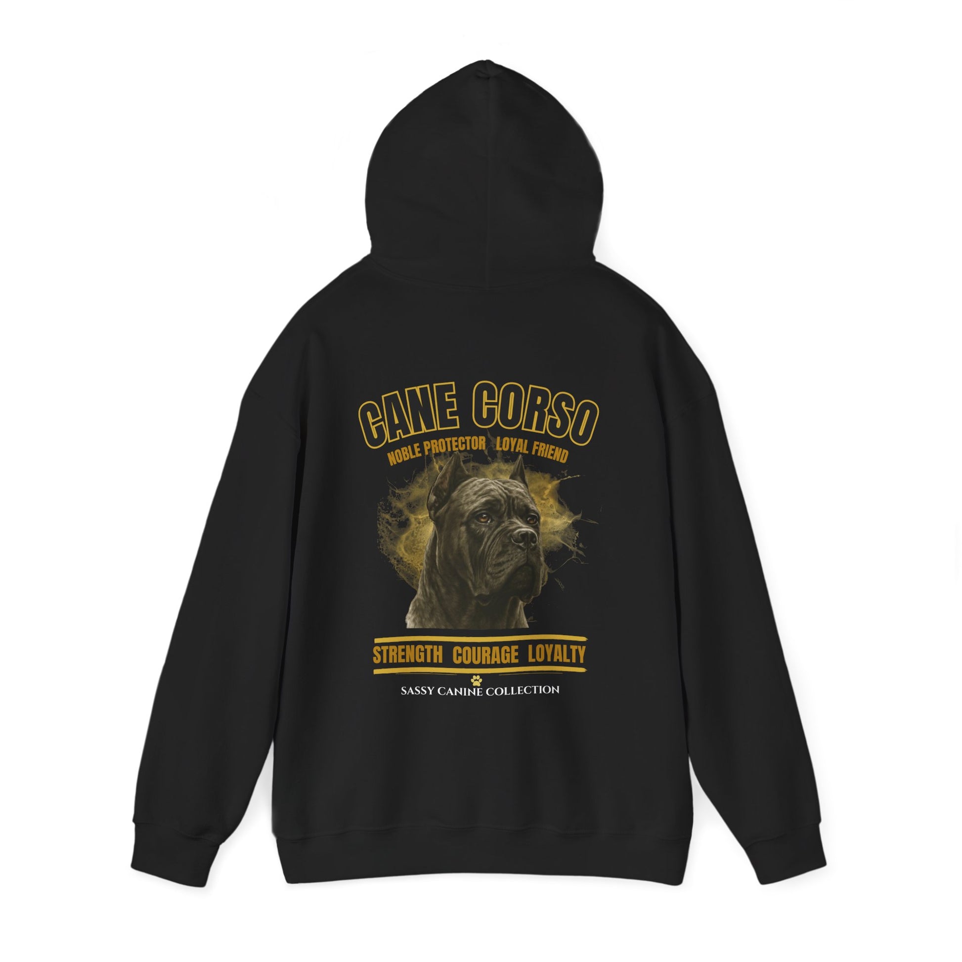 Black hoodie with a Cane Corso graphic design on the back of black hoodie.  Small Cane Corso graphic on front left chest.