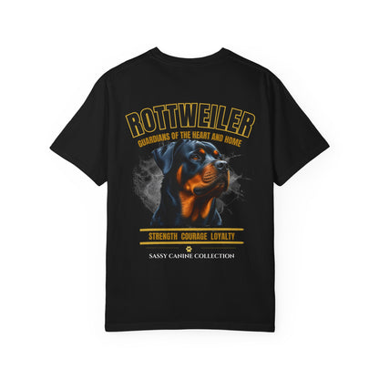 Black Rottweiler Tshirt featuring powerful Rottweiler illustration with words "Guardian of the Heart and Home"