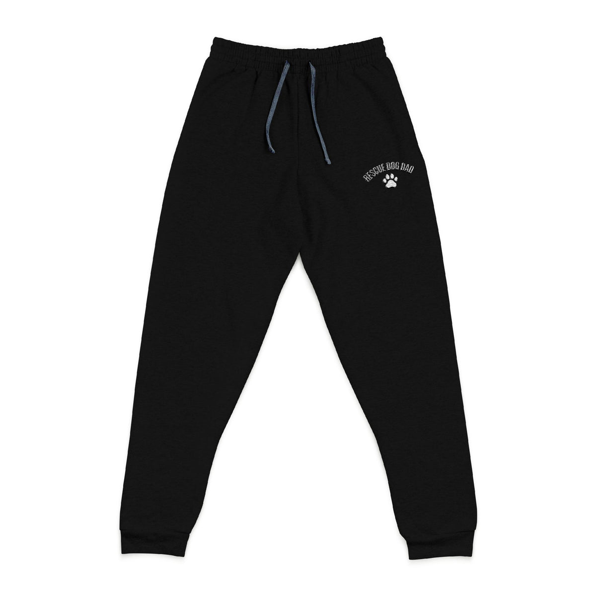 Black sweatpants with Rescue Dog Dad logo on upper thigh