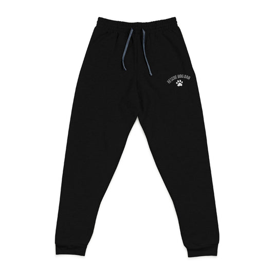 Black sweatpants with Rescue Dog Dad logo on upper thigh