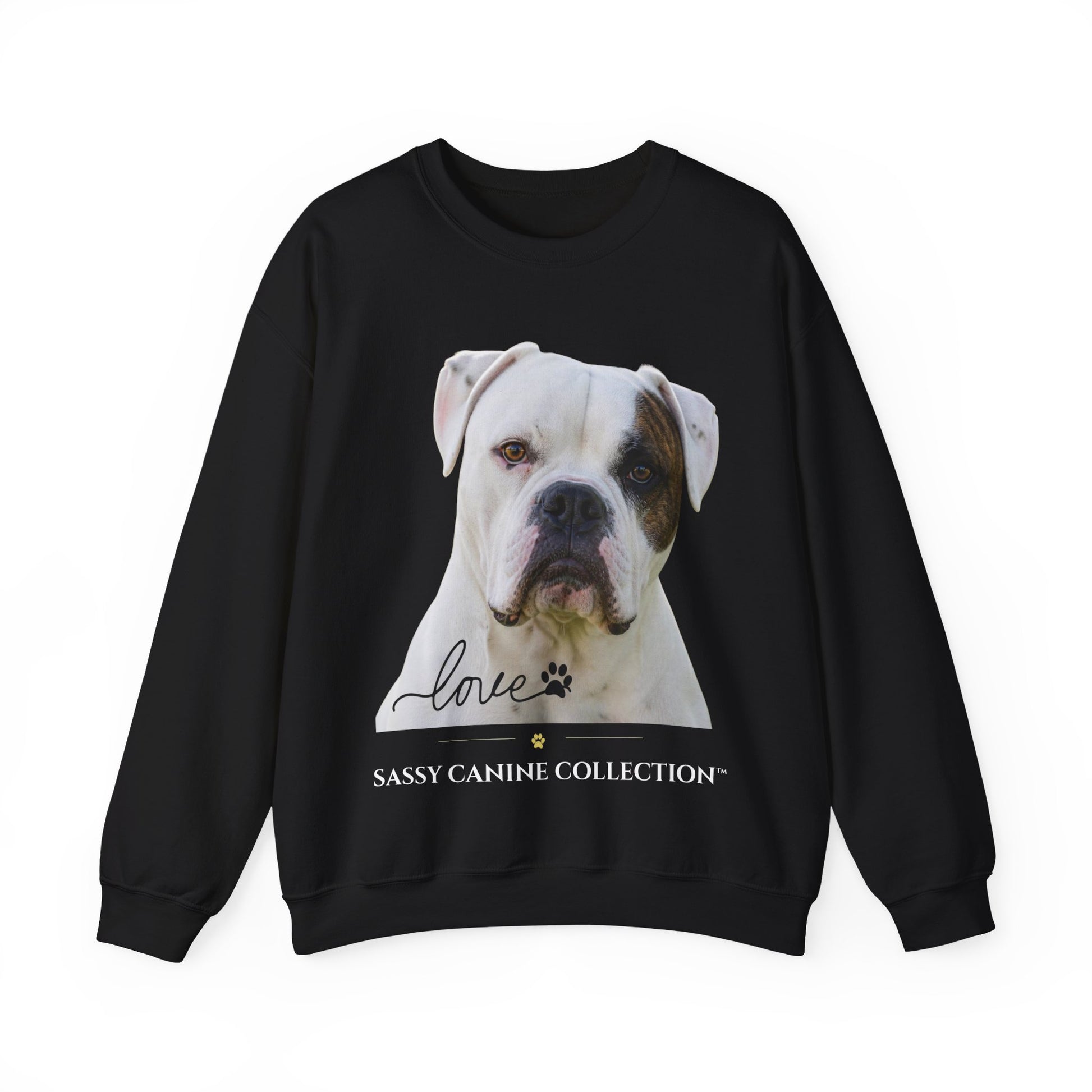 A black crewneck sweatshirt featuring a graphic print of a white and brown dog's face, with the text 'love' in script, a paw print, and 'SASSY CANINE COLLECTION' printed below.