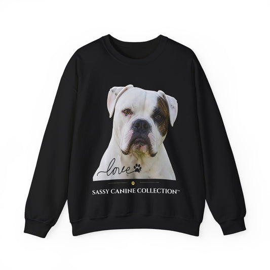 A black crewneck sweatshirt featuring a graphic print of a white and brown dog's face, with the text 'love' in script, a paw print, and 'SASSY CANINE COLLECTION' printed below.