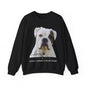 A black crewneck sweatshirt featuring a graphic print of a white and brown dog's face, with the text 'love' in script, a paw print, and 'SASSY CANINE COLLECTION' printed below.