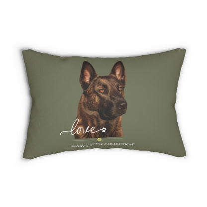 An olive green 14x20 throw pillow featuring a graphic of a German Shepherd dog with the word 'love' in white script and 'Sassy Collie Collection' printed below.
