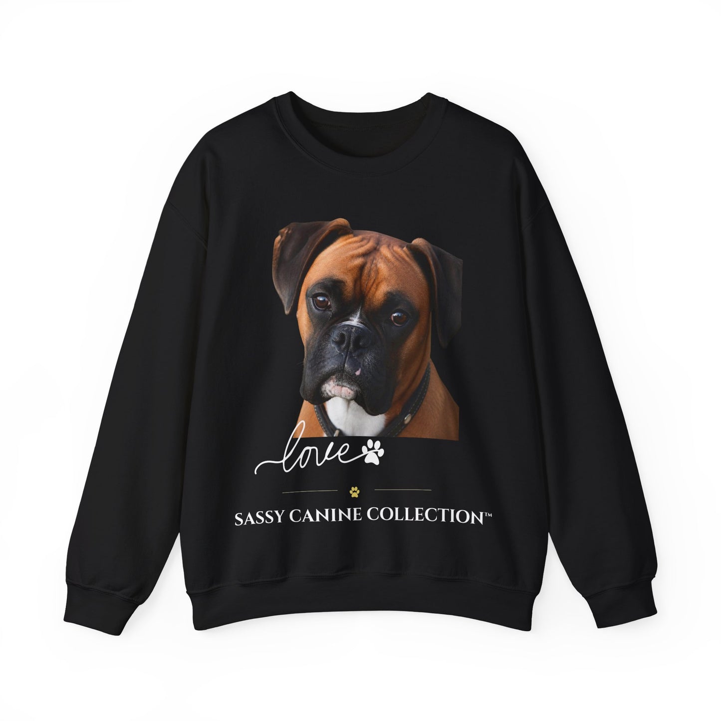 A black crewneck sweatshirt featuring a graphic print of a Boxer dog's face with the text 'Sassy Canine Collection' and 'love' written below in white script.