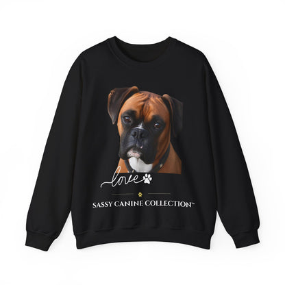 A black crewneck sweatshirt featuring a graphic print of a Boxer dog's face with the text 'Sassy Canine Collection' and 'love' written below in white script.