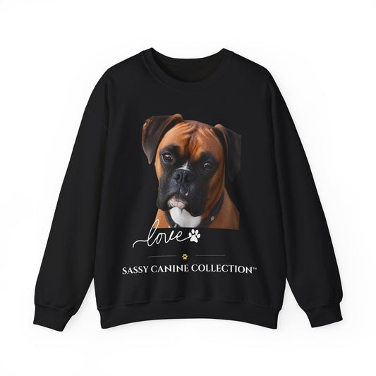 A black crewneck sweatshirt featuring a graphic print of a Boxer dog's face with the text 'Sassy Canine Collection' and 'love' written below in white script.