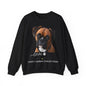 A black crewneck sweatshirt featuring a graphic print of a Boxer dog's face with the text 'Sassy Canine Collection' and 'love' written below in white script.