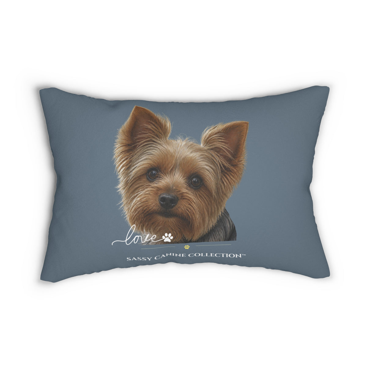 A lumbar pillow in slate blue, featuring an image of a Yorkshire Terrier with the text 'Love' and 'Sassy Camille Collection' below.