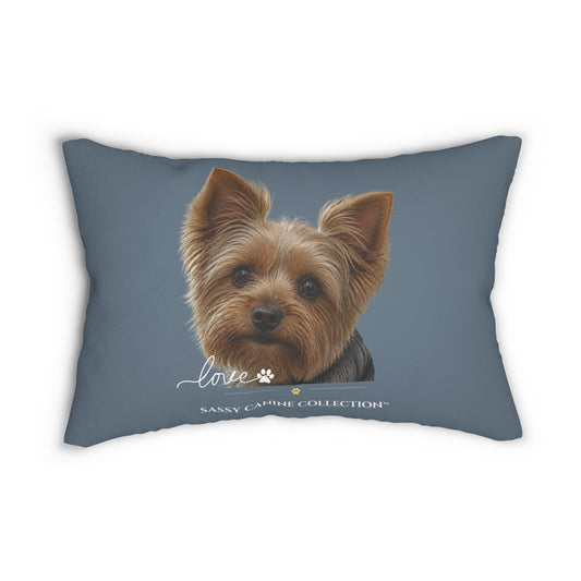 A lumbar pillow in slate blue, featuring an image of a Yorkshire Terrier with the text 'Love' and 'Sassy Camille Collection' below.