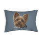 A lumbar pillow in slate blue, featuring an image of a Yorkshire Terrier with the text 'Love' and 'Sassy Camille Collection' below.