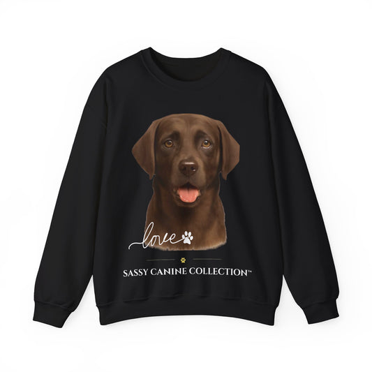 A black crewneck sweatshirt featuring a graphic print of a brown Labrador Retriever with the text 'love' in script, a paw print, and 'SASSY CANINE COLLECTION' underneath.