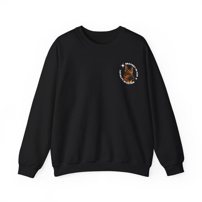 Black sweatshirt with German Shepherd emblem on front left chest "Bravery in Fur, Loyalty in Action"
