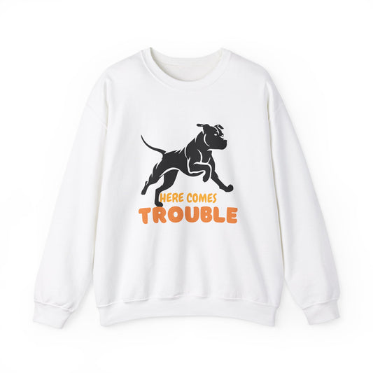 "Here Comes Trouble" Dog Lover Unisex Heavy Blend™ Crewneck Sweatshirt