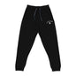 Black sweatpants with a white printed Rescue Dog Mom  logo on the left thigh
