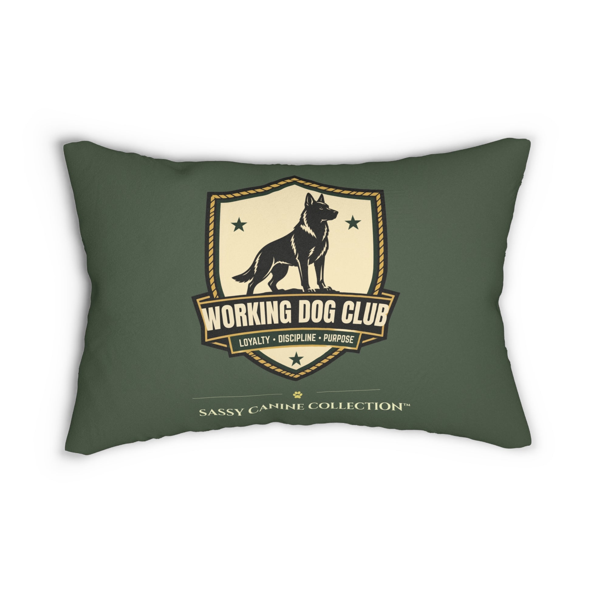 An olive green  throw pillow featuring a cream and black 'Working Dog Club' shield graphic with a German Shepherd silhouette, and 'Sassy Camille Collection' printed below.