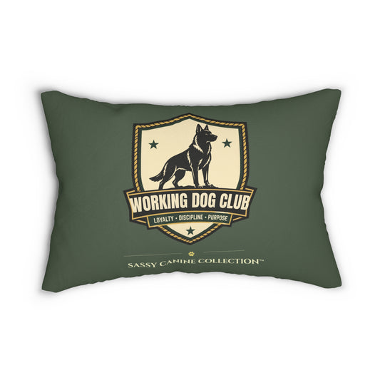 An olive green  throw pillow featuring a cream and black 'Working Dog Club' shield graphic with a German Shepherd silhouette, and 'Sassy Camille Collection' printed below.