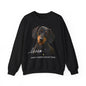 A black crewneck sweatshirt featuring a graphic print of a dachshund dog with the text 'love' and 'SASSY CANINE COLLECTION' on the front, displayed against a plain white background.