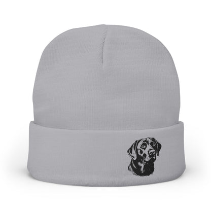 A grey knit hat with embroidered Black Labrador
