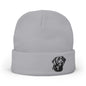 A grey knit hat with embroidered Black Labrador
