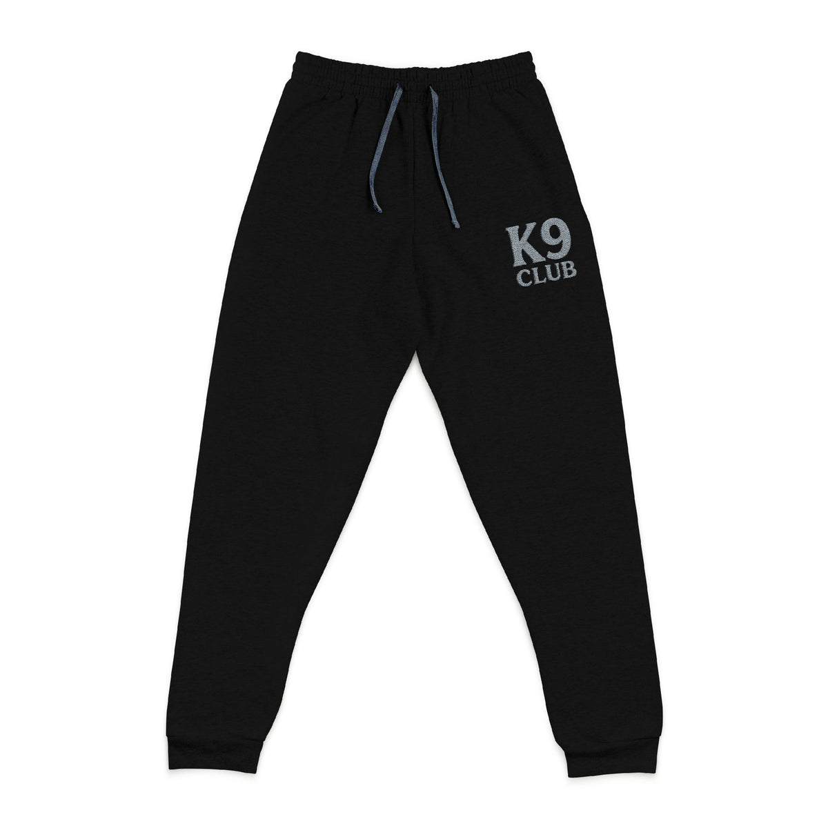 Black sweatpants with  drawstring and a 'K9 CLUB' logo on the left