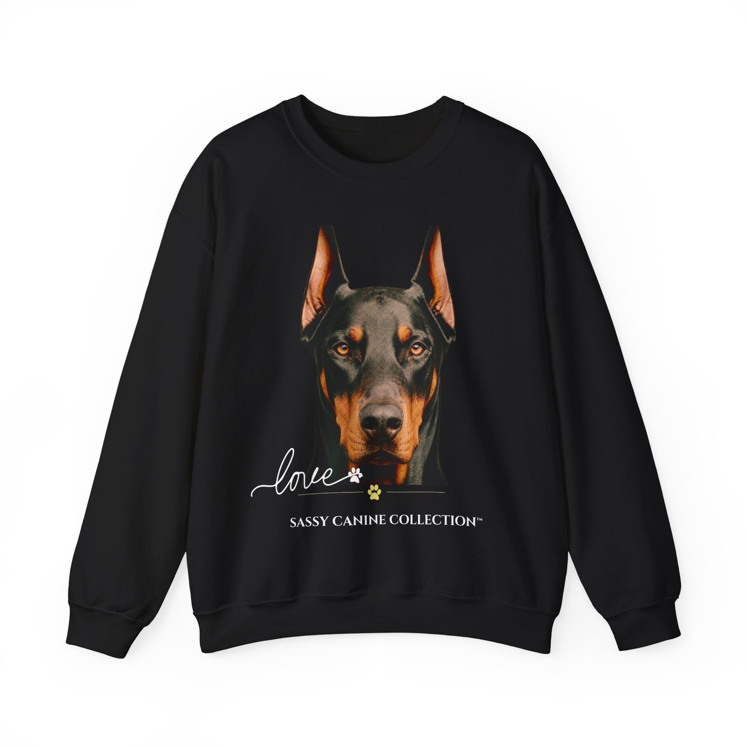A black crewneck sweatshirt featuring a Doberman dog's face with the text 'love' and 'SASSY CANINE COLLECTION' below.