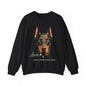 A black crewneck sweatshirt featuring a Doberman dog's face with the text 'love' and 'SASSY CANINE COLLECTION' below.