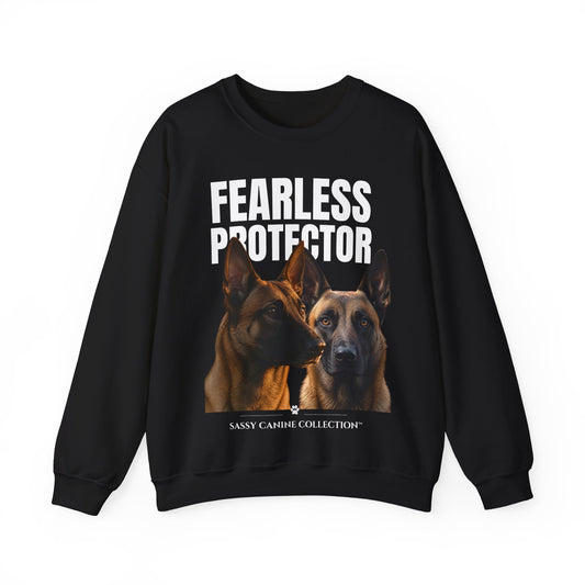 A black crewneck sweatshirt featuring a graphic print of two Belgian Malinois Dogs with the text 'FEARLESS PROTECTOR' in bold white letters above them, and 'SASSY CANINE COLLECTION' printed below.