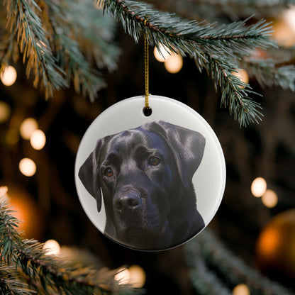 A round white Christmas ornament featuring a printed portrait of a black Labrador retriever, hanging from a gold string on a pine tree branch with warm bokeh lights in the background.