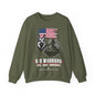 An military green crewneck sweatshirt featuring a distressed graphic print of a German Shepherd, a K-9 officer, and an American flag, with the text 'K-9 WARRIORS' and 'Sassy Cahu Collection'.