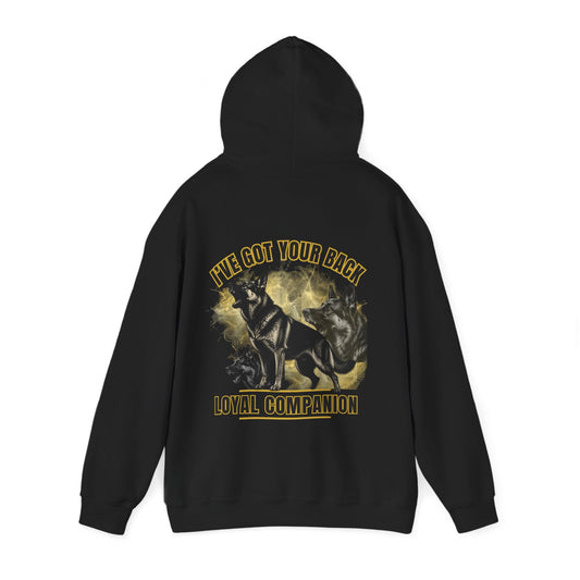 A Black Hoodie with I've Got You're Back Loyal Companion German Shepherd graphic on back designed  by Sassy Canine Collection 