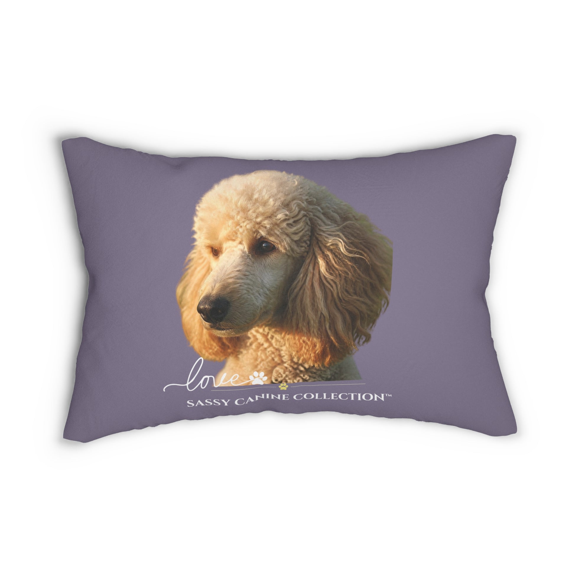 lavender pillow featuring a printed portrait of a cream-colored poodle with the text 'love' and 'SASSY CANINE COLLECTION' 