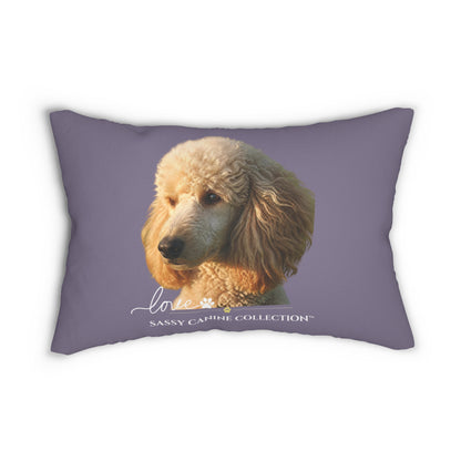 lavender pillow featuring a printed portrait of a cream-colored poodle with the text 'love' and 'SASSY CANINE COLLECTION' 