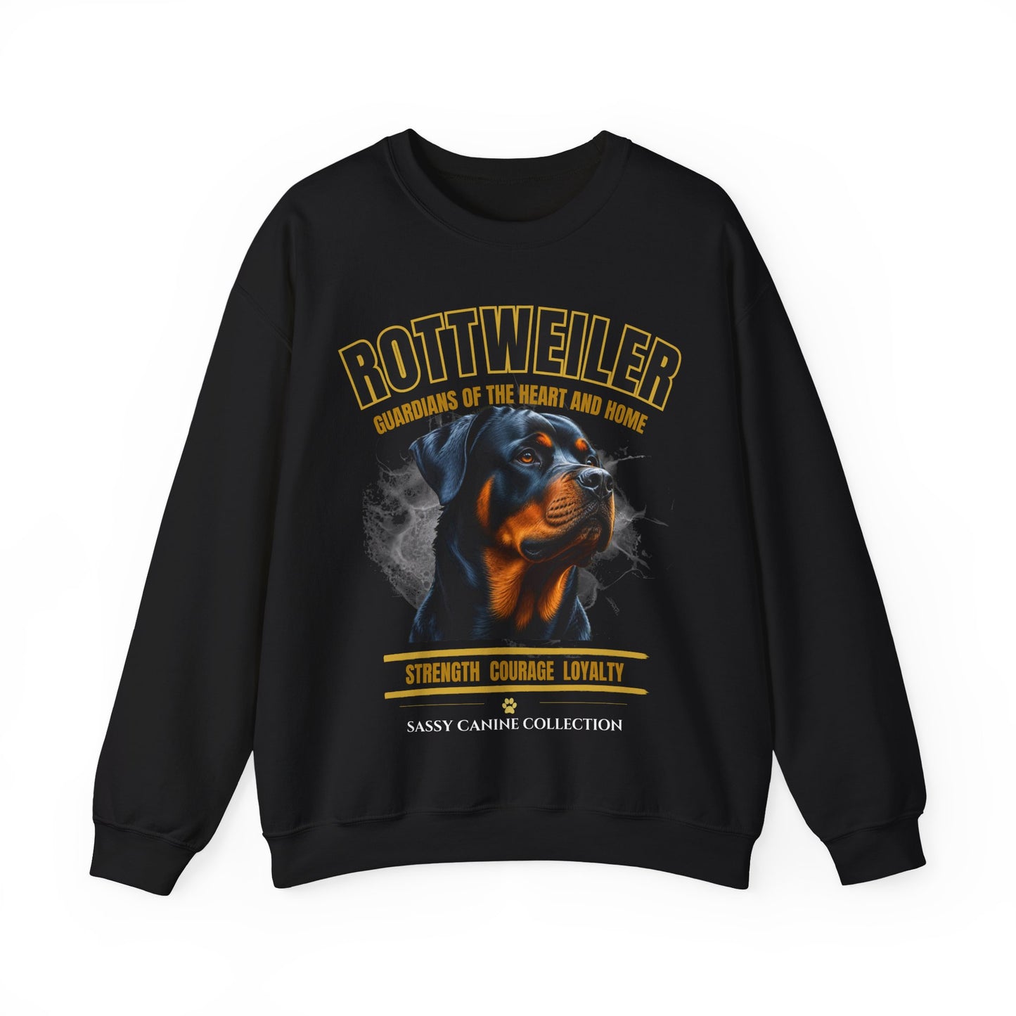A black crewneck sweatshirt featuring a graphic print of a Rottweiler dog with the text 'ROTTWEILER' and 'GUARDIANS OF THE HEART AND HOME' in yellow and white, on a plain white background.

Details

