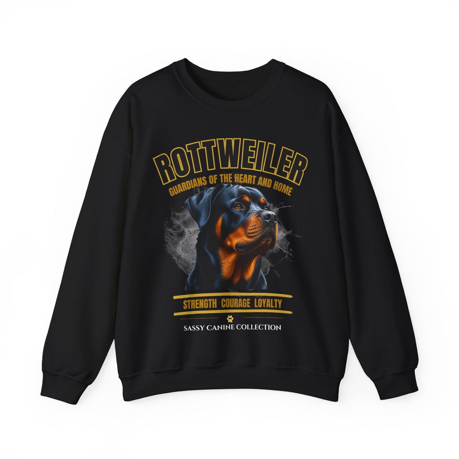 A black crewneck sweatshirt featuring a graphic print of a Rottweiler dog with the text 'ROTTWEILER' and 'GUARDIANS OF THE HEART AND HOME' in yellow and white, on a plain white background.

Details
