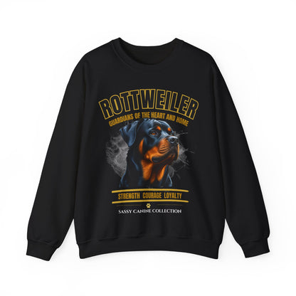 A black crewneck sweatshirt featuring a graphic print of a Rottweiler dog with the text 'ROTTWEILER' and 'GUARDIANS OF THE HEART AND HOME' in yellow and white, on a plain white background.

Details
