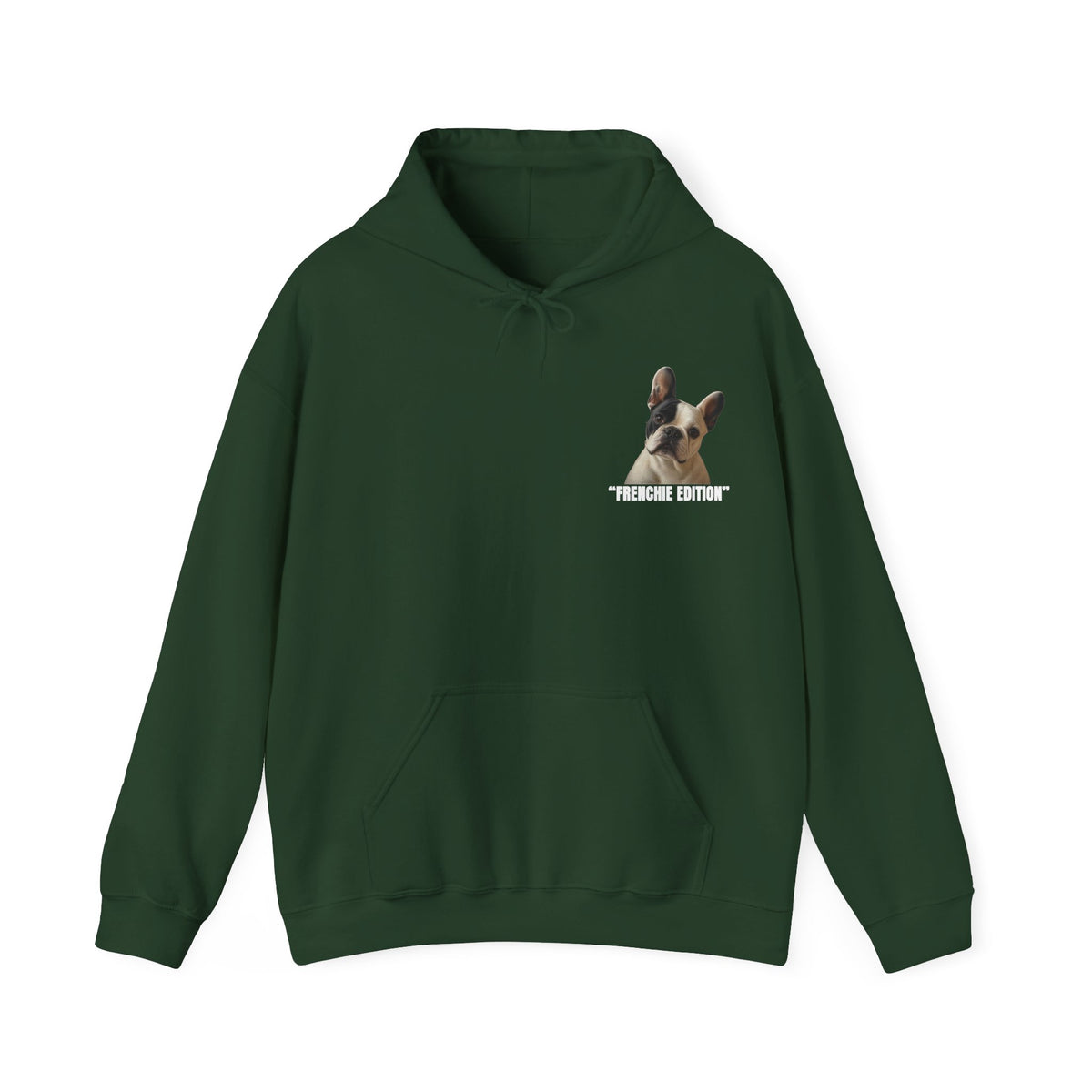 Green Hoodie with large French Bulldog Design on back and small French Bulldog on left chest