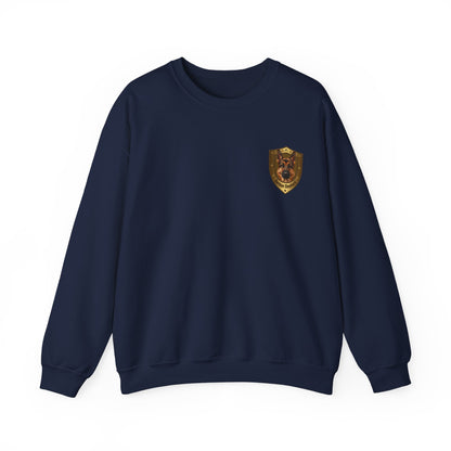 A navy blue crewneck sweatshirt with a small gold and brown German Shepherd shield crest printed on the left chest.