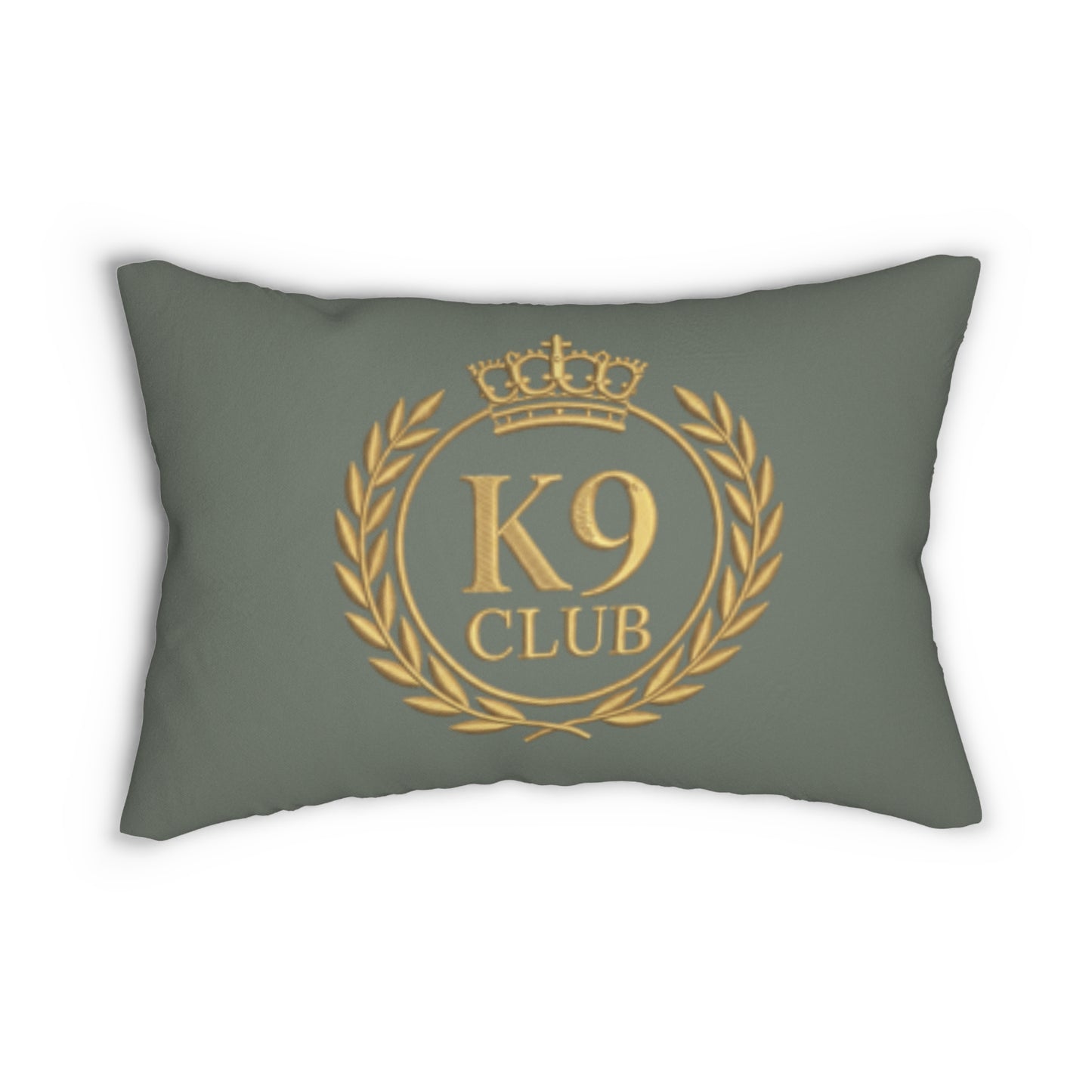 A rectangular throw pillow in a muted sage green color, featuring a gold printed K9 Club emblem on the front with a crown, laurel wreath