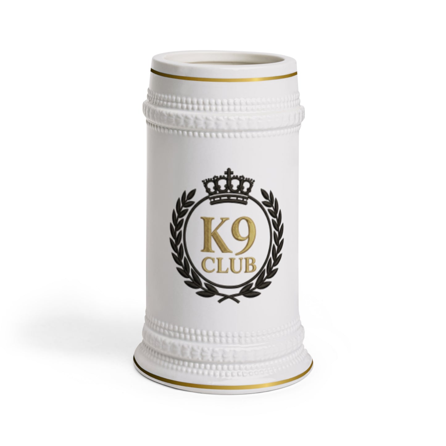 A white ceramic beer stein featuring a black and gold crest with the text 'K9 CLUB' and a crown, set against a plain white background.